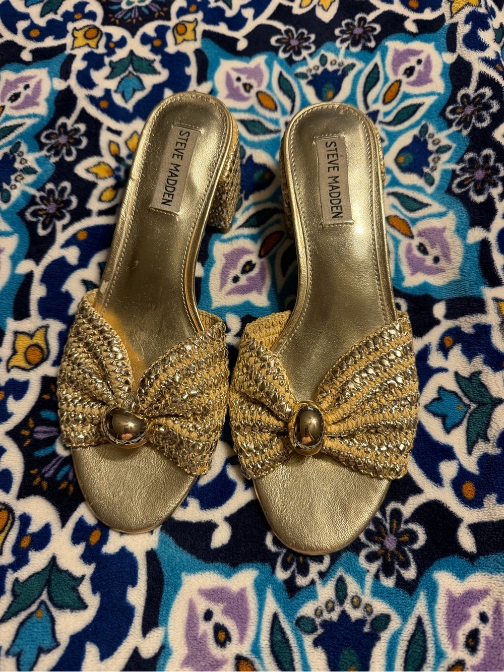 Steve Madden Metallic Gold Beaded Knot Slide Heels
